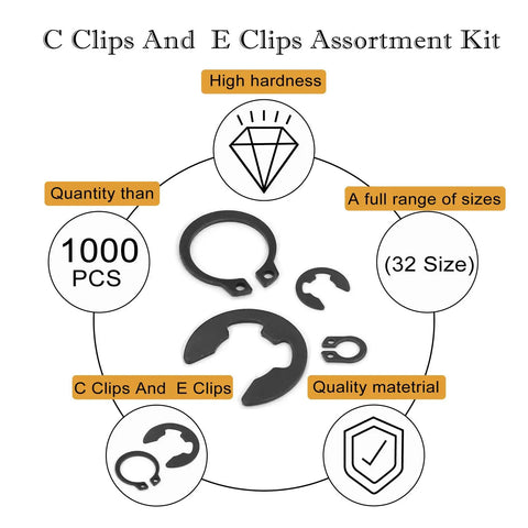 Heavy Duty C And E Clip Assortment Kit With 1000 Pieces, 19 C Clip Sizes From M3 To M28 And 13 E Clip Sizes From 1.5mm To 15mm