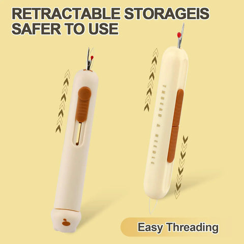 3 In 1 Sewing Needle Threader Kit With Seam Ripper And Needle Storage Auto Threader That Grabs Threads Fast shown with retractable storage