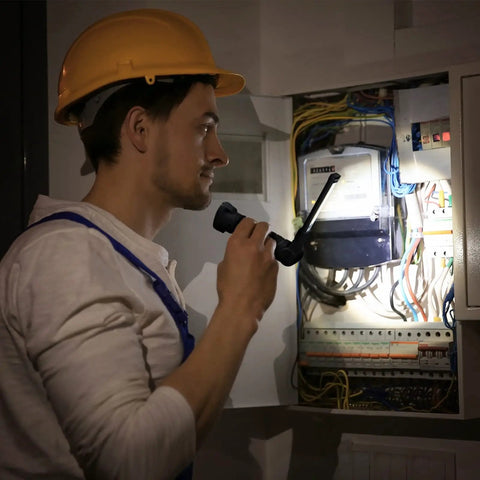 Electrician using a Six Pack Rechargeable LED Work Light With Magnetic Base And 360 Degree Spin for panel inspection
