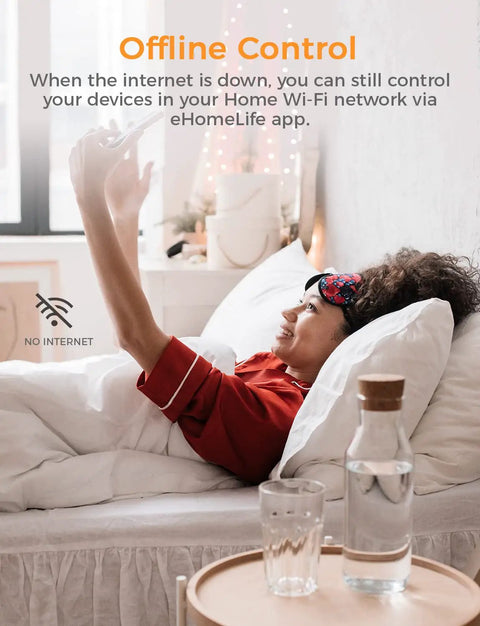 Person controlling Smart WiFi Plug Outlet 15A Two Pack Works With Apple HomeKit Siri Alexa Google Assistant while in bed