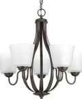 Five Light Farmhouse Chandelier With Etched Glass In Antique Bronze Oversize Tubing Frame Delivers Rustic Modern Ambiance For Dining Rooms And Entryways