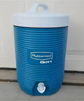 Spigot Replacement Kit For Push Button Water Coolers No Fuss Easy Install Fits Rubbermaid And Gott Models Keeps Your Drink Station Flowing Smoothly 1 Pack shown on a blue Rubbermaid Gott cooler
