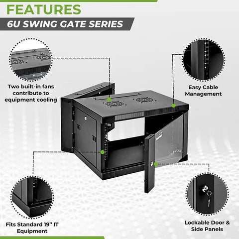 Built Tough 6U Server Cabinet With Locking Glass Door And Hinged Back, Heavy Duty Wall Mount Network Rack Pre Assembled With Dual Cooling Fans, 21 Inch Deep Gear Rig For Your Tech Setup