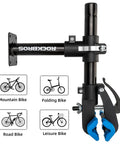 Heavy Duty Bike Repair Stand With Bench Mount For Road And Mountain Bikes Easy Clamp shown with compatible bike types.