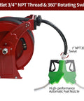 Red 1 Inch Fuel Hose Reel With 50 Ft Retractable Ratchet Spring Drive, Diesel Hose Reel, Auto Shut Off Nozzle, 300 PSI