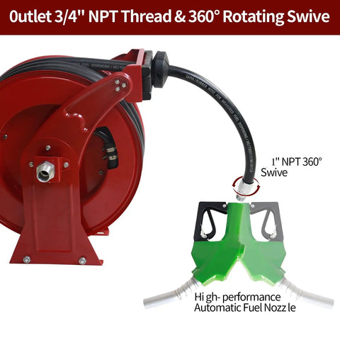 Red 1 Inch Fuel Hose Reel With 50 Ft Retractable Ratchet Spring Drive, Diesel Hose Reel, Auto Shut Off Nozzle, 300 PSI