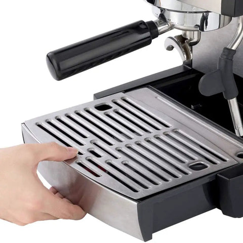 Close-up view of Professional Single Pump Semi Automatic Espresso Coffee Machine For Home Brew Barista Style Shots Stainless Steel Body 110 To 240V Easy Pull Espresso Durable Build Makes Rich Creamy Espresso Every Time, showing steel drip tray being adjusted.