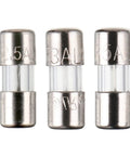 Close-up of 2.5A, 3A, and 5A fuses from 125V Fast Blow Glass Fuse Kit For Electronics Repair, 3.6x10mm, 60-Piece Surface Mount Assortment.