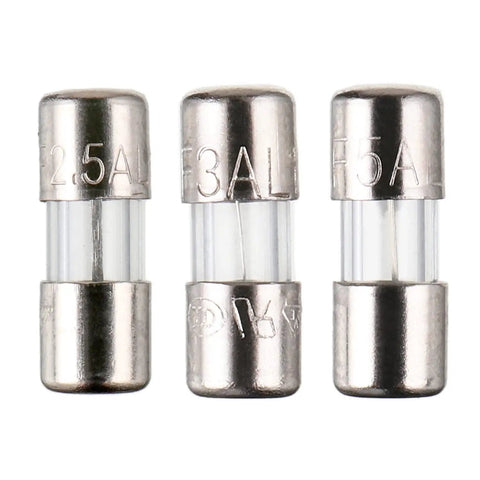 Close-up of 2.5A, 3A, and 5A fuses from 125V Fast Blow Glass Fuse Kit For Electronics Repair, 3.6x10mm, 60-Piece Surface Mount Assortment.