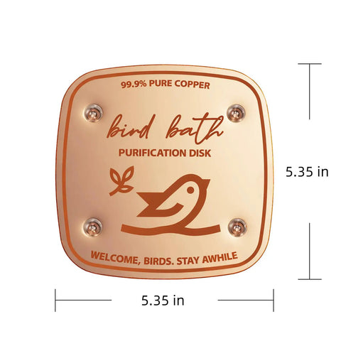 Copper Disk Bird Bath Purifier For Clean Water All Season, 99.9 Percent Pure Copper Water Disk shown with 5.3 inch dimensions.