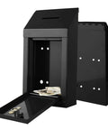 Heavy Duty Metal Donation Box With Slot And Lock For Cash Drops A No Nonsense Solution For Donations Suggestions Or Ballots Pre Drilled For Easy Wall Mounting Includes Two Keys Lightweight Yet Durable Black 10 By 6 By 2 And A Half Inch open view with lid open and cash inside