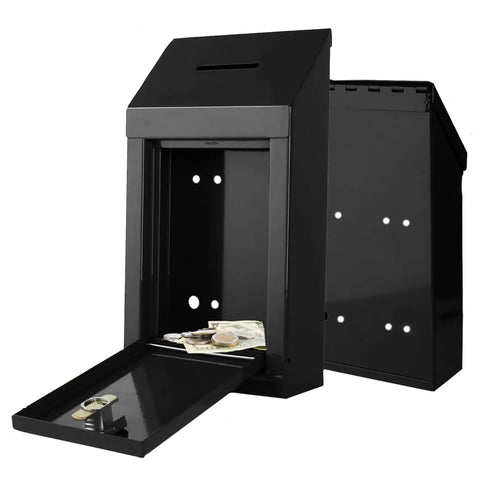 Heavy Duty Metal Donation Box With Slot And Lock For Cash Drops A No Nonsense Solution For Donations Suggestions Or Ballots Pre Drilled For Easy Wall Mounting Includes Two Keys Lightweight Yet Durable Black 10 By 6 By 2 And A Half Inch open view with lid open and cash inside