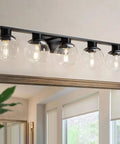 Matte Black Farmhouse 5 Lights Bathroom Vanity Lights With Globe Glass Shades Modern Wall Fixture Over Mirror