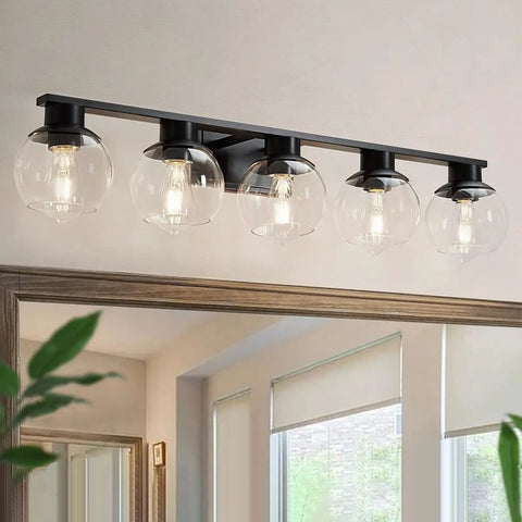 Matte Black Farmhouse 5 Lights Bathroom Vanity Lights With Globe Glass Shades Modern Wall Fixture Over Mirror