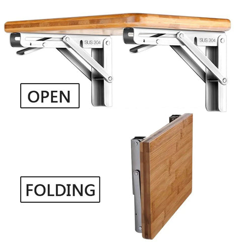 Heavy Duty Shelf Brackets 2 Pack 8 Inch Folding Wall Mount Supports Stainless Steel Floating Shelves Built Tough Diy Bookcase And Table Installation Hardware in open and folded positions.