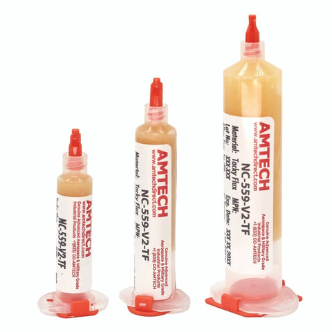 Three sizes of No Clean Tacky Flux For Hand Soldering Tin Lead ROL0, 10g Syringe Kit, rosin-based clear residue shown.