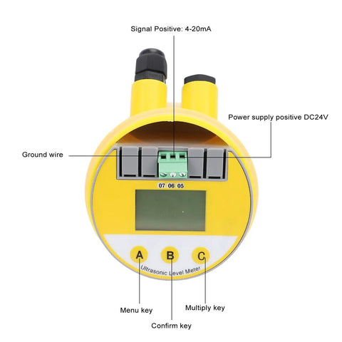 Pro Grade Digital Ultrasonic Level Meter 0-10m Range DC24V LCD Display 4-20mA Output Water Level Sensor Yellow front view