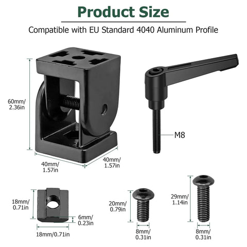 Two Pack 4040 Aluminum Angle Connector Joint With 180 Degree Rotation Hinge And Adjustable Clamp Lever For Quick, Easy, Flexible Aluminum Profile Assembly System, 40mm black parts