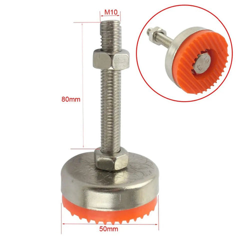 Four Adjustable Leveling Feet M10x80mm For Furniture And Cabinets With Threaded Sockets Easy Glide Mobility Keeps Your Tables Desks And Cabinets Level And Stable For Light Duty Home Projects. M10x80mm metal leveling foot with orange base, 50mm head