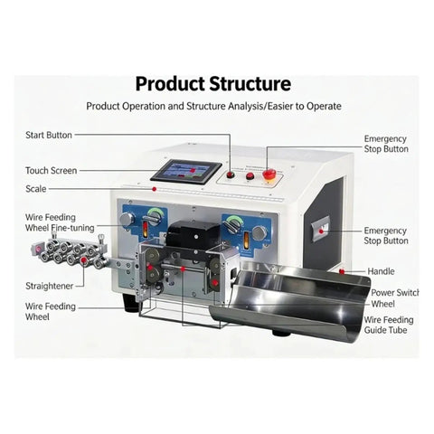 Product diagram showing Premium Fully Automatic CNC Wire Stripper And Cutter For Electronic Core Cables features and controls.