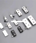 Two Pack Stainless Steel Glass Door Hinges for 5-8mm, 8-10mm, and 10-12mm Frameless Panels, Pivot Clamp Hardware Set shown in detail