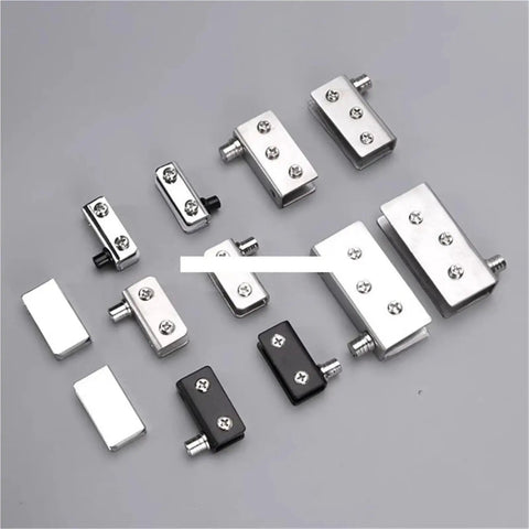 Two Pack Stainless Steel Glass Door Hinges for 5-8mm, 8-10mm, and 10-12mm Frameless Panels, Pivot Clamp Hardware Set shown in detail