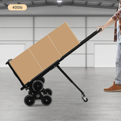 Heavy Duty Stair Climbing Dolly With Ten Wheels For No Sweat Moving, 551 Pound Flat Ground Weight Limit, Foldable Steel Cargo Cart Built Like A Tank For Bulky Furniture And Daily Hauls with boxes tilted on a dolly.