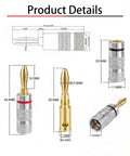 Pro Grade 24K Gold Plated Banana Plugs For 4MM Speaker Wire Connectors detailed image with measurements and design.