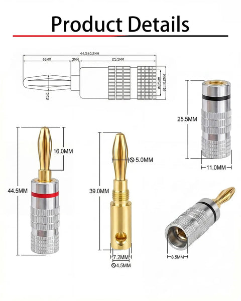 Pro Grade 24K Gold Plated Banana Plugs For 4MM Speaker Wire Connectors detailed image with measurements and design.