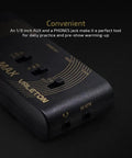 Close-up of Pocket Guitar Headphone Amplifier With Multi Effects Rechargeable Mini Practice Amp showing input jacks.