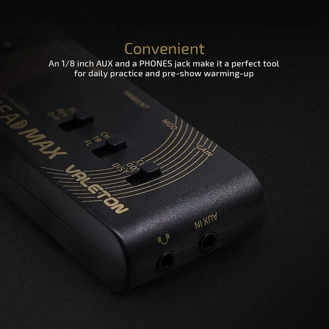 Close-up of Pocket Guitar Headphone Amplifier With Multi Effects Rechargeable Mini Practice Amp showing input jacks.