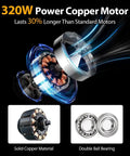 320W power copper motor components showcasing solid copper material and double ball bearing for 24 Inch Industrial Drum Fan With 8900 CFM High Velocity Air Circulator, Heavy Duty Metal Floor Fan, 3 Speed Settings, 360 Degree Tilt, Portable With Casters And Handle, ETL Certified For Patios, Warehouses, And Commercial Use.