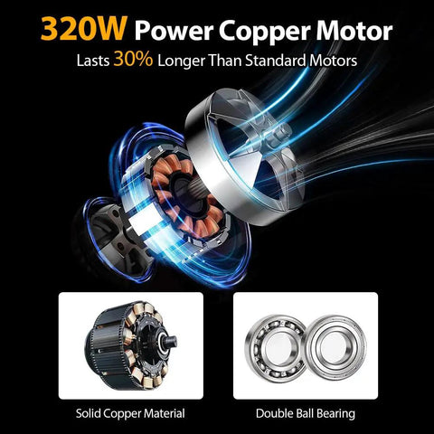 320W power copper motor components showcasing solid copper material and double ball bearing for 24 Inch Industrial Drum Fan With 8900 CFM High Velocity Air Circulator, Heavy Duty Metal Floor Fan, 3 Speed Settings, 360 Degree Tilt, Portable With Casters And Handle, ETL Certified For Patios, Warehouses, And Commercial Use.