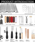 Leather working tools kit with carving and stamping tools, waxed threads, sewing needles, scissors, storage bag