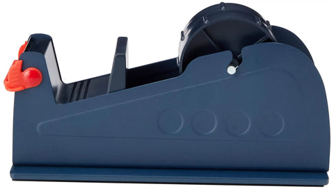 The Real Deal Heavy Steel Desktop Tape Dispenser Handles Up To Two Inch Packing Rolls With Three Inch Core And Delivers Smooth One Handed Cutting Plus Super Grippy Non Slip Workstation Base side view of tape dispenser in blue.