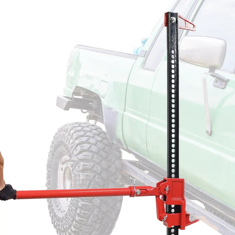 60 Inch Ratcheting Off Road Farm Jack Be Beefy 3 Ton Capacity 6,600 Lb Heavy Duty Lift next to lifted green truck