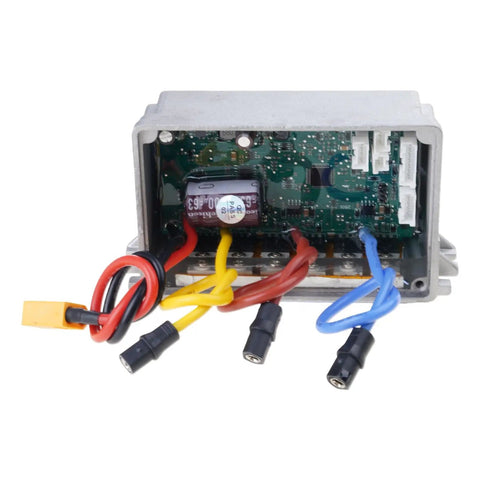 Plug And Play Scooter Controller Replacement showing internal circuit board with red, yellow, and blue wires for electric scooters and skateboards