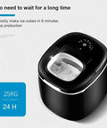 Solid Countertop Electric Ice Maker Game Changer That Cranks Out Chewy Bullet Cubes In Six Minutes With Easy Size Swaps Yields 25 Lbs Daily Smooth Operation Great For Patio Parties And Chill, sleek black unit with control panel.