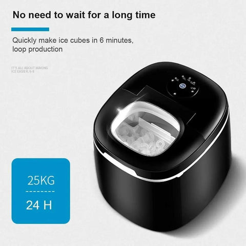 Solid Countertop Electric Ice Maker Game Changer That Cranks Out Chewy Bullet Cubes In Six Minutes With Easy Size Swaps Yields 25 Lbs Daily Smooth Operation Great For Patio Parties And Chill, sleek black unit with control panel.
