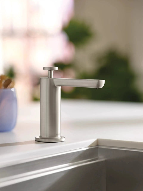 Spot Resist Stainless Modern Deck Mounted Kitchen Soap Dispenser With Above The Sink Refillable Bottle on counter