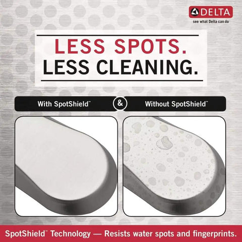 Comparison of faucet surfaces with and without SpotShield; includes Vesna Centerset Bathroom Faucet Brushed Nickel Finish For 4 Inch 3 Hole Sinks Includes Pop Up Drain Assembly And Worry Free Drain Catch SpotShield No Fuss Sink Upgrade.