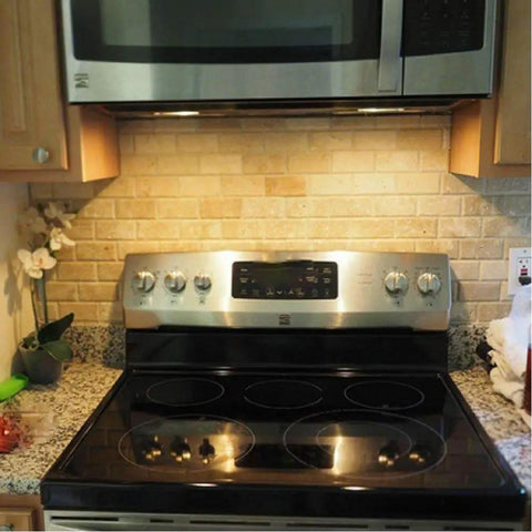 Stove and microwave setup in kitchen, ideal for 3W LED Microwave Light Bulb Replacement 120V Warm White 3000K 300 Lumen Output Energy Saving