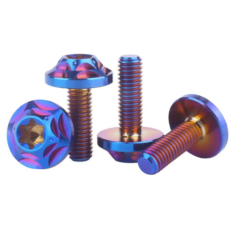 Premium Grade 5 Titanium T30 Torx Bolts For Bicycle And Motorcycle M5 X 15mm Burnt Blue showing unique angles and designs.