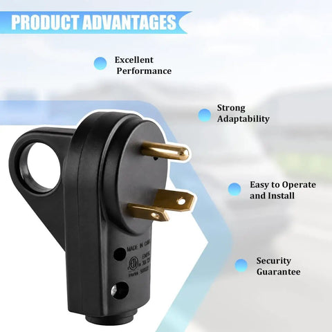 Heavy Duty 30 Amp RV Male Power Plug Solid As A Rock Copper And Nylon Build with ergonomic grip and gold contact pins.
