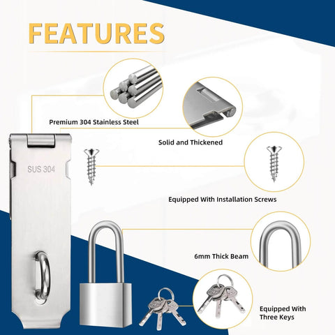 Features of Two Sets Of 5 Inch Padlock Hasp Latch Locks, Stainless Steel Padlock With 1.5 Inch Shackle, durable security hardware