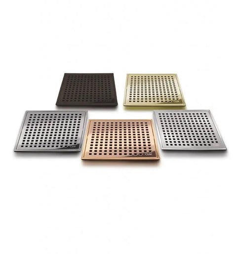 Assorted square shower drain grate covers showcasing finishes including satin gold, part of Square Shower Drain Kit In Satin Gold Finish.