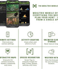 Image showing Moultrie Mobile app features with remote settings, activity charting, cloud storage, species recognition, and weather data.