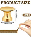 Gold Finish Mini Drawer Knob Set, 12 Pack Half Inch Small Cabinet Knobs With M4 Screws shown with dimensions and hand for size reference.