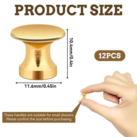 Gold Finish Mini Drawer Knob Set, 12 Pack Half Inch Small Cabinet Knobs With M4 Screws shown with dimensions and hand for size reference.