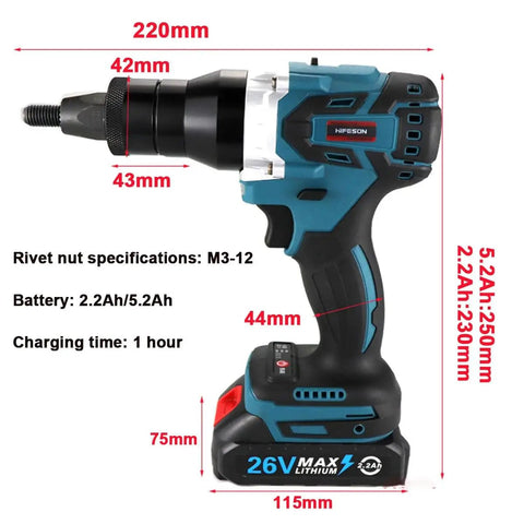 Heavy Duty Cordless Rivet Nut Gun With Lightning Fast Automatic Pulling Action And Slick Handheld Build For Solid Steel Iron Aluminum Using M3 Through M12 Thread Sizes Ready To Work Any Job Site With Twin 26V Packs, showing specifications and dimensions.